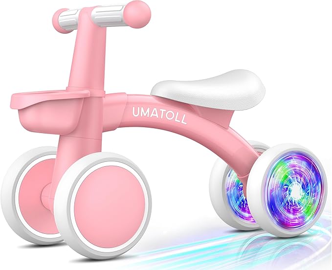 Umatoll Colorful Lighting Baby Balance Bike Toys for 1 Year Old Girl Gifts, Adjustable Seat, First Birthday Gifts, 12-24 Months Toddler Bike, New Pink