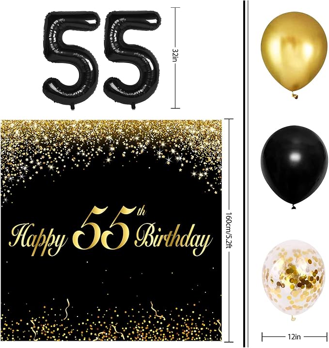 Happy 55th Birthday Balloons Black Set Decor - Cheers to 55 Years Old Party Theme Garland Banner Backdrop Decorations For Women and Men Supplies