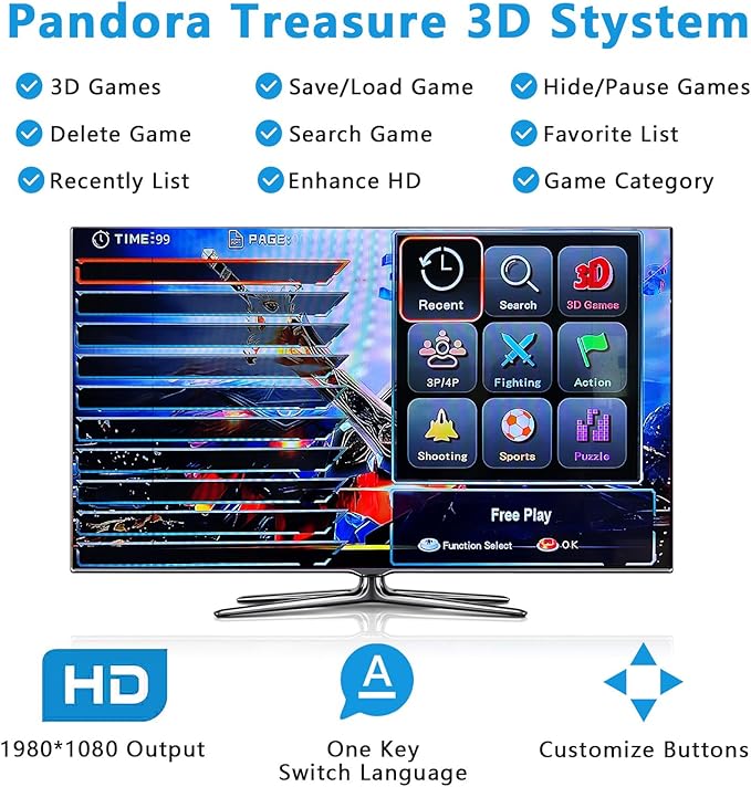 FVBADE [30000 Game in 1] 70S Pandora Box mini Arcade Console for Children Compatible PC & Projector & TV ,3D Games 1-4 Players Double Joystick Favorite List Game Category Save/Search/Hide/Pause Games