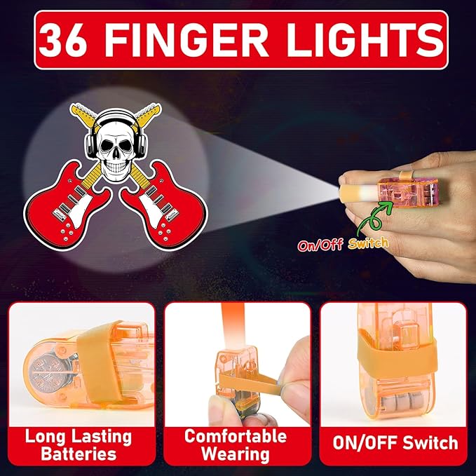 36 PCS Rock LED Finger Lights Music Party Favors Glow in the Dark Light Up Finger Lights Guitar Themed Toys Bulk for Birthday Party Goodie Bag Stuffer Birthday Gifts Classroom Prize