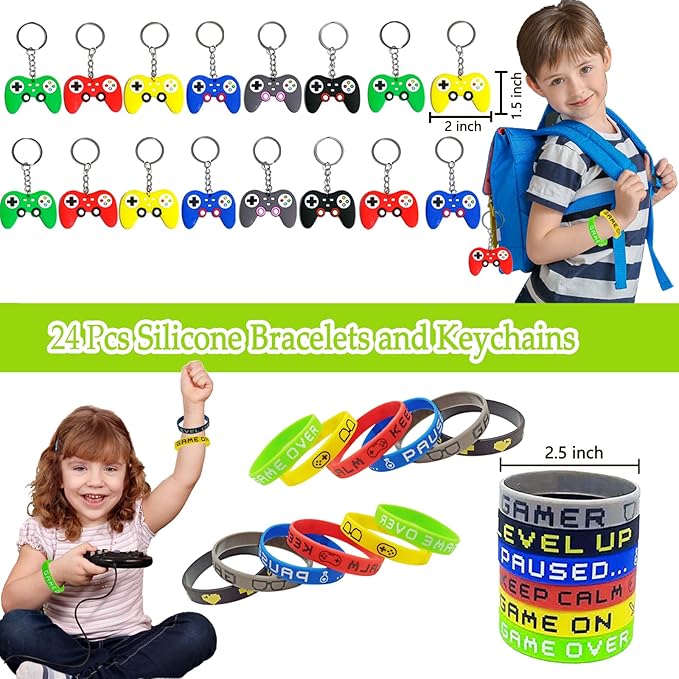 120 Pcs Gamer Birthday Party Favors for Boys, Video Game Goodie Bag Stuffers with Invisible Ink Pens, Controller Keychain for Kids Classroom Prizes, Gaming Theme Party Supplies