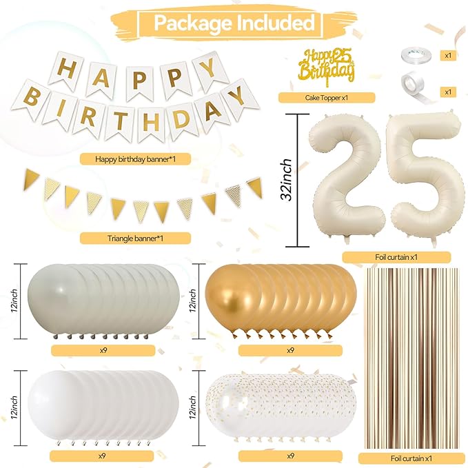 25th Happy Birthday Decorations, Sand White Birthday Decorations With Cream White 25 Number Balloons Beige Latex Helium Balloon Champagne Fringe Curtain Cake Topper Banner For 25th Party Supplies