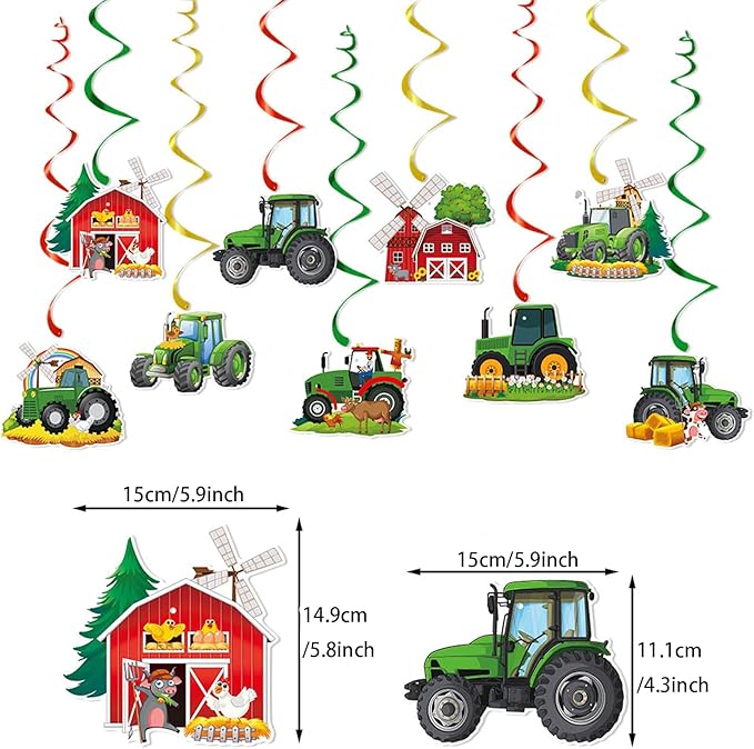 Zwiebeco Green Yellow Tractor Happy Birthday Banner Bunting Hanging Paper Swirls Garland Party Decorations for Farm Themed Baby Shower Kids Bday Decor Accessories Supplies