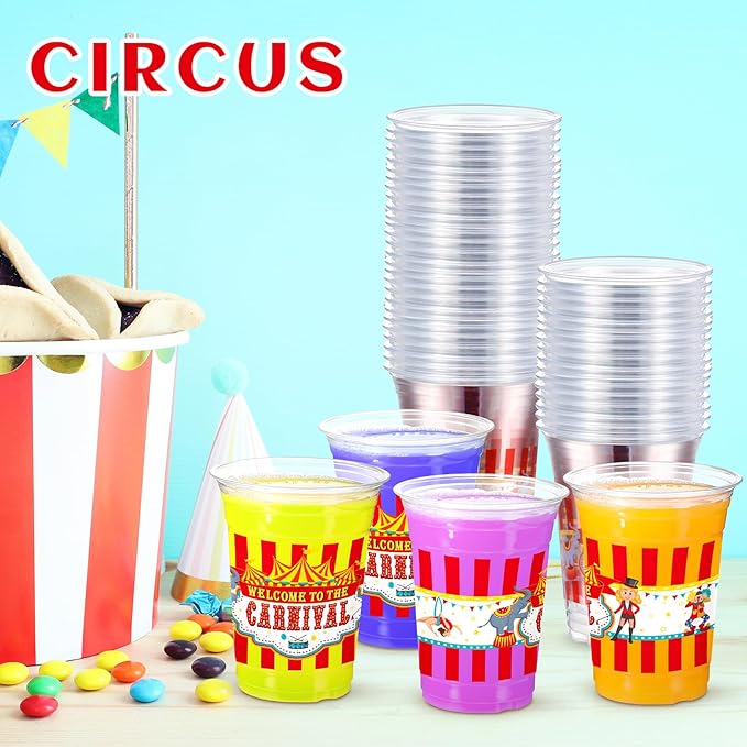 Jinei 60 Pcs Circus Carnival Party Plastic Cups Bulk 16 oz Circus Theme Disposable Cups Clear mug Drinking for Carnival Birthday Party Supplies Decorations