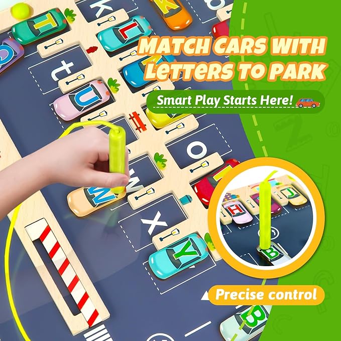 Magnetic Alphabet Maze Letter Puzzle Board, NOWRICH Montessori Toys for 2 3 4 5 Year Old Boy Gift, Magnet Alphabet Learning Car Parking Maze Toys for Kids 3-5, Birthday Gifts for Toddler