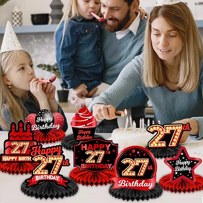 Happy 27th Birthday Red and Black Table Honeycomb Centerpieces Balloons Theme Decor Table Decorations Table Toppers for Girls Women Princess 27 Years Old Birthday Party Bday Supplies Background Gold