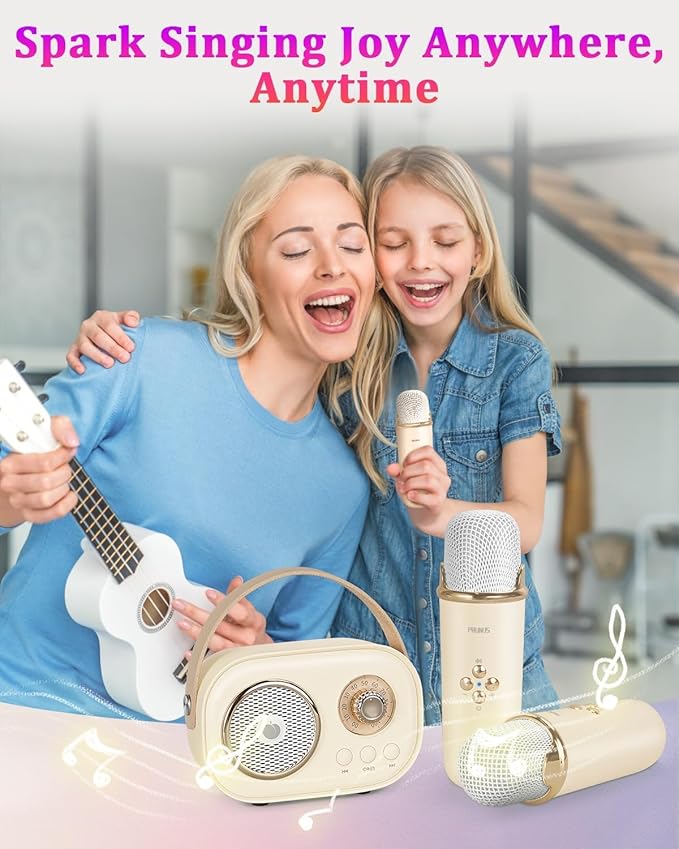PRUNUS C20 Mini Karaoke Machine,Valentines Day Gifts for Her Him Kids Mens,Portable Bluetooth Speaker with 2 Wireless Microphone for Boys Girls 3-12+ Years Old Birthday Party Beige