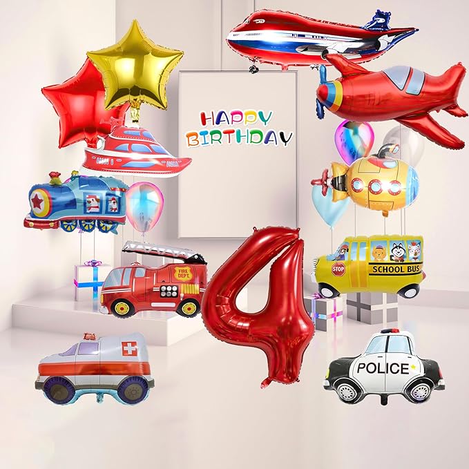 12pcs Transportation Balloons, Truck Plane School Bus Fire Truck Police Car Ship Ambulance Submarine Foil Balloon, Transportation 4th Birthday Vehicles Theme Party Supplies Decorations (4th)