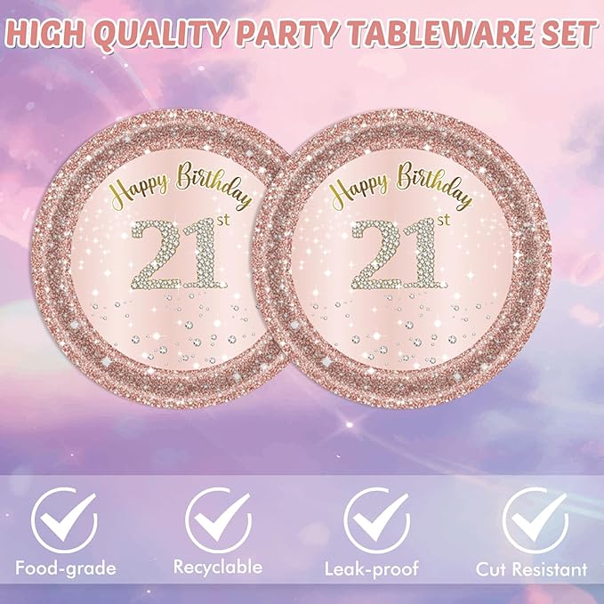 21st Birthday Rose Gold Party Supplies Rose Gold Birthday Supplies Plates and Napkins Happy 21 Bday Disposable Tableware Party Supplies For Girls Women Princess Party