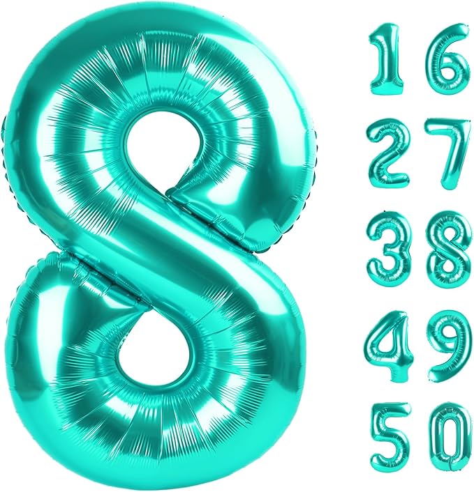 40 Inch Giant Teal Blue Foil Number 8th 18th 28th Birthday Balloons Teal Digit 8 Balloons for Men Women 80th Anniversary Party Decorations Supplies