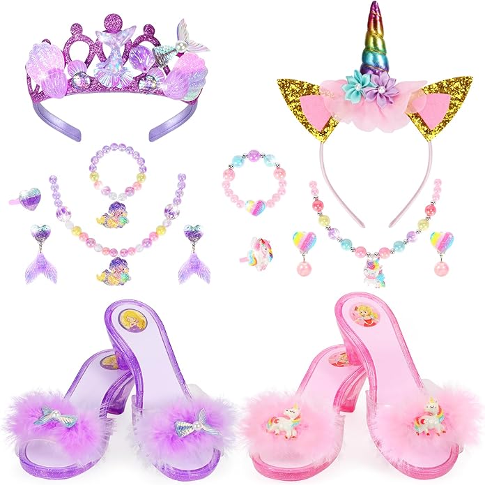Princess Dress Up Shoes, Toddler Dress up Set, Pretend Play Princess Shoes Set with Crown Earrings Necklaces Ring Role Play Toys for Girls Aged 3-6 Years Old Multicolor