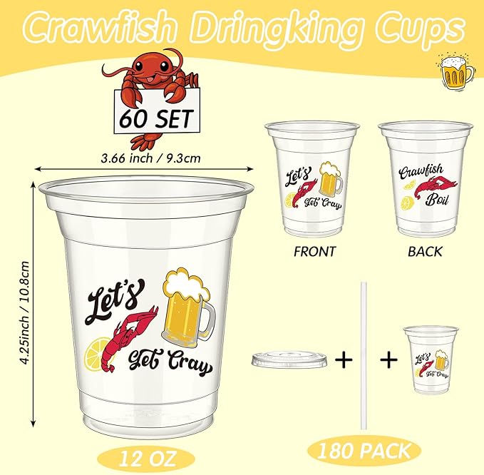 60 Pcs Crawfish Boil Cups Bulk 12 oz Lobster Plastic Cups with Straw Let's Get Cray Disposable Clear Crawfish Drinking for Crayfish Crab Seafood Boil Party Decoration Supplies