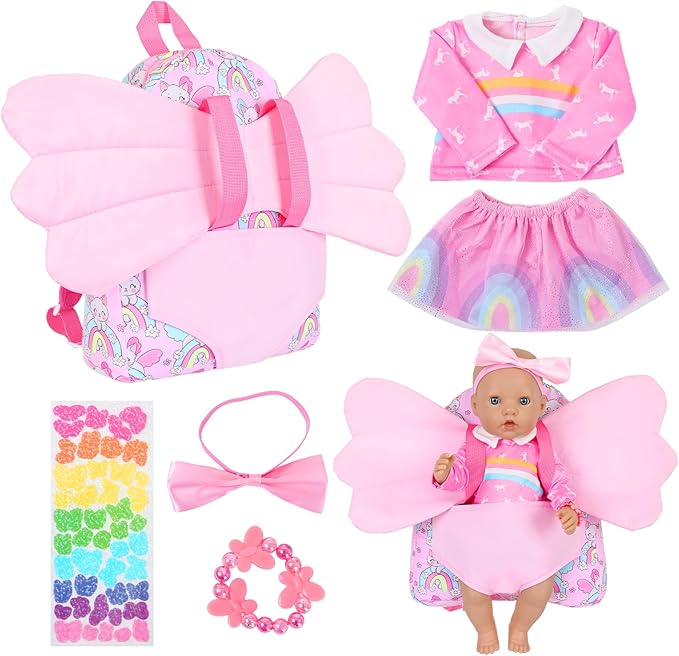 Ecore Fun 18 Inch Doll Backpack Carrier Set, 6PCS Doll Clothes & Fashion Accessories with Pink Backpack Carrier Bag, Headband, Bracelet, Outfit & Stickers