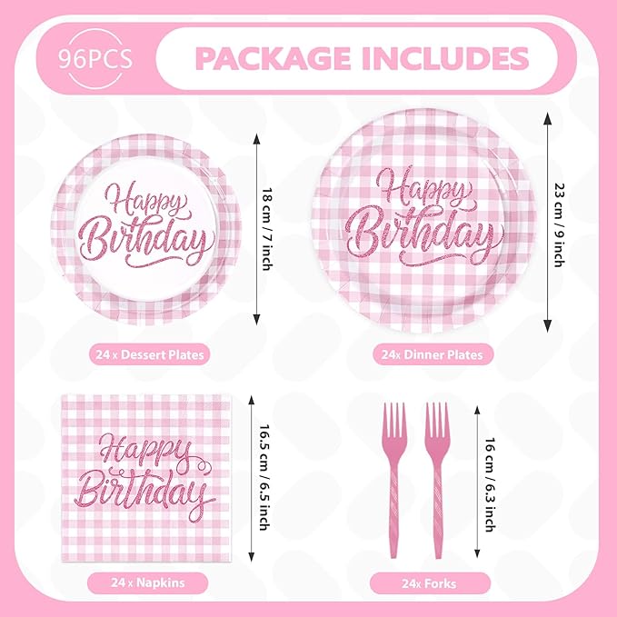 96Pcs Pink Gingham Birthday Decorations Pink and White Checkered Plates and Napkins Plaid Birthday Decoration Favors for Girl Women Christmas Bday Baby Shower Holiday Picnic Party Supplies Serves 24