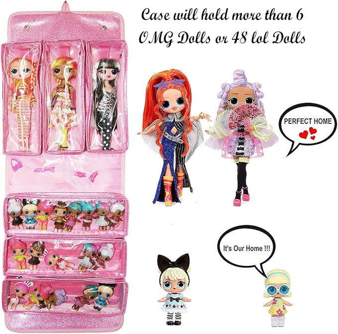 Leeche Carrying & Display Case for Dolls Compatible with LOL OMG Dolls&All Dolls,Clear View Hanging Dolls House,Easy Carrying Storage Organizer(Dolls Not Includ )