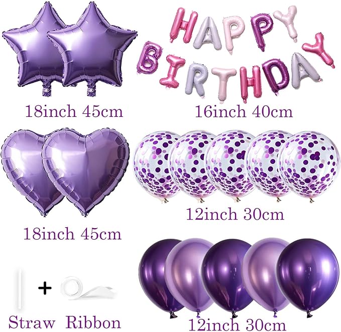 27 Pcs Purple Birthday Decorations, 3D Letters Purple Happy Birthday Balloon Banner, Pentagram Heart Foil Balloons Confetti Balloons Kit For Boys Girls Party Supplies