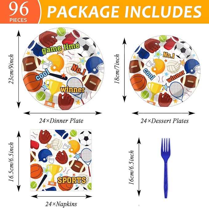 Tevxj 96PCS Sports Birthday Tableware Set Superstar Dinnerware Disposable All Star Birthday Party Plates Napkins Forks for Basketball Baseball Soccer Party Decorations Supplies 24 guests