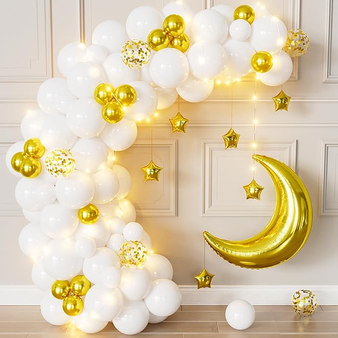 White and Gold Party Decorations, Gold White Balloons Moon Star Foil Balloons, LED String Lights Decoration for Boys Girls Baby Shower Twinkle Twinkle Little Star Gender Reveal Party Supplies