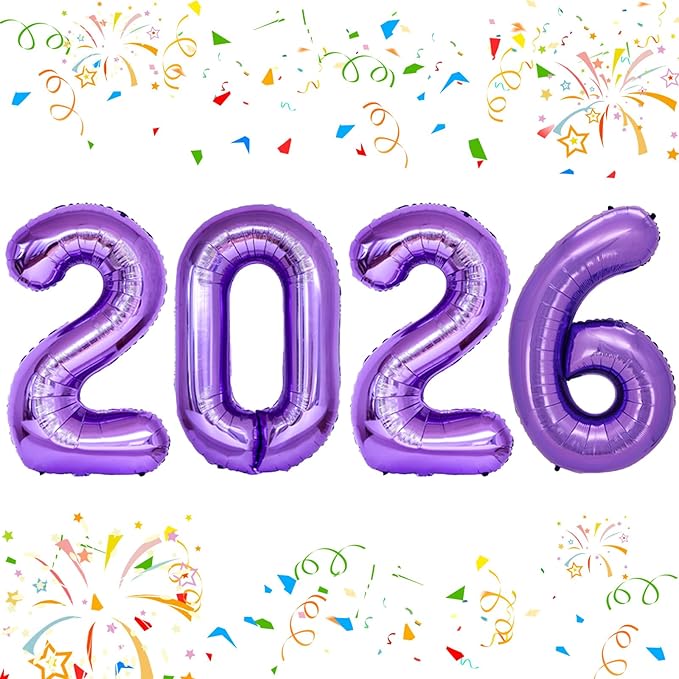 KALOR 42 Inch 2026 Purple Foil Mylar Number Balloons, 2026 New Years Decorations for 2026 Happy New Year Eve and Graduations Party Supplies
