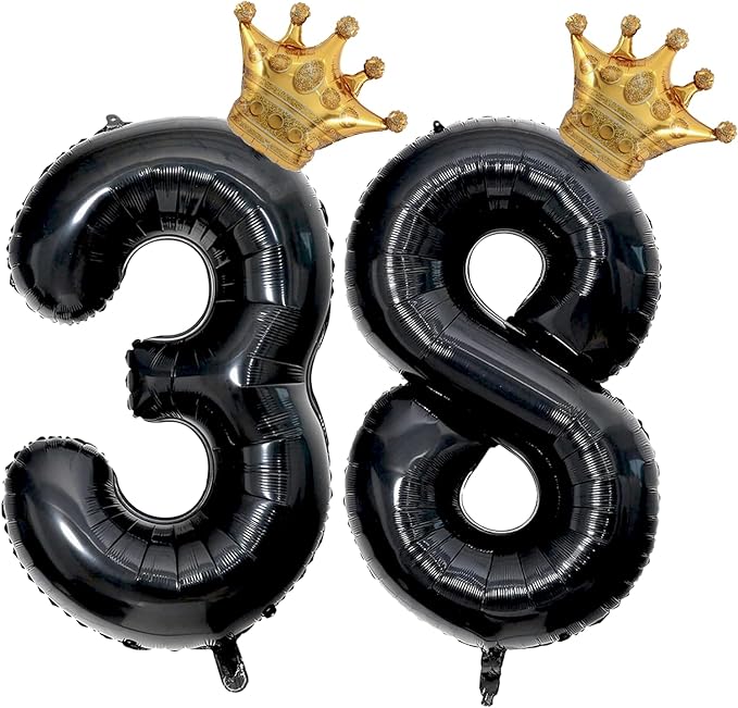 40 inch Large Black 38 Balloon Number with Gold Crown Balloons 38th Birthday Big Foil Mylar Helium Balloon for Boys Girls 38th Birthday Anniversary Decorations Supplies Favors(Number 38 Balloons）