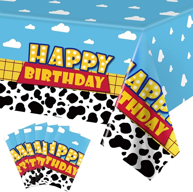 6 Pack Cartoon Story Birthday Party Supplies Cow Pattern Printed Table Cover Blue Sky and White Cloud Tablecloths Cow Birthday Party Decoration for Boy Girl Kid Birthday Party Decor 54 x 108 inch