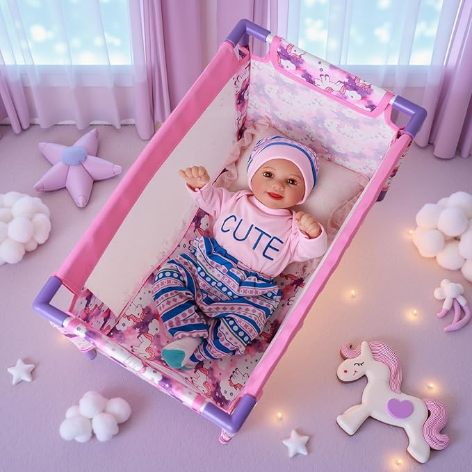 BABESIDE Baby Doll Crib Set for 18 Inch Dolls, Foldable Baby Doll Bed Playpen Toy Crib with Storage Bag for Reborn Baby Doll Accessories, Purple Babydoll Crib
