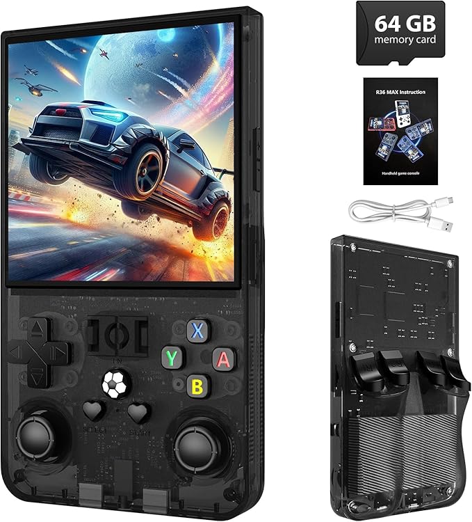 R36MAX Retro Handheld Game Console,64GB Open Source System Support 30+ Emulator Console,4.0 Inch IPS Screen Retro Gaming Console,4000mAh Battery,Video Game Console for Christmas-Transparent Black