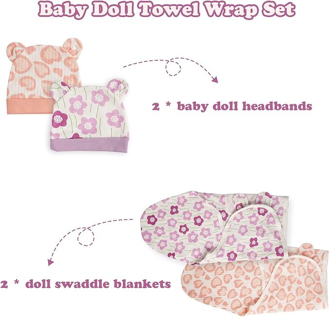 BABESIDE 2 Sets of Reborn Baby Doll Blankets with Hats for 17-24 Inch Babydolls, Reborn Baby Doll Accessories Set Babydolls Swaddle Blankets for Realistic Dolls Girl, Pink & Purple