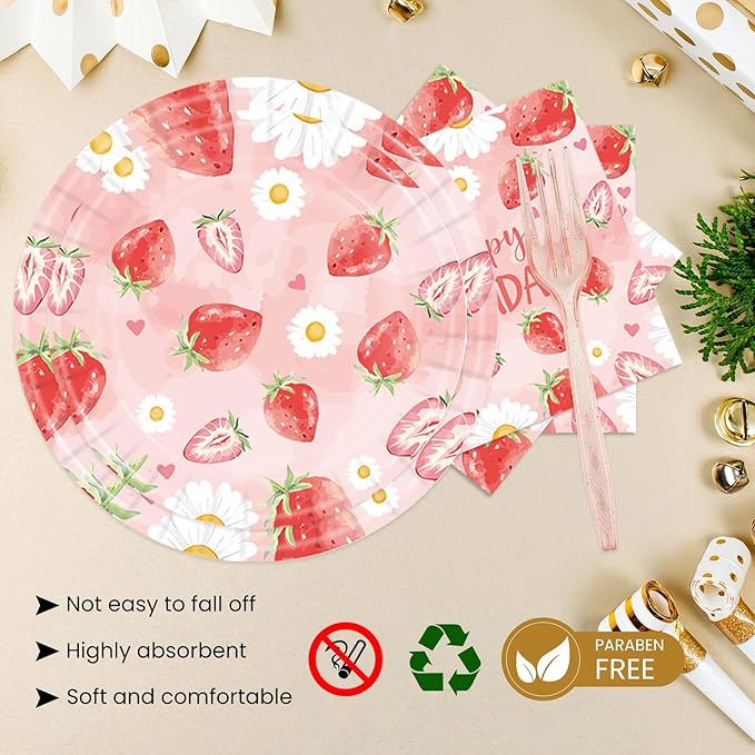 96Pcs Strawberry Paper Plates &Napkins Party Supplies-Disposable Strawberry Birthday Party Sweet Baby Shower Pink Fruit Tableware Decoration for Girls Berry Baby Decorations Favors Serves 24