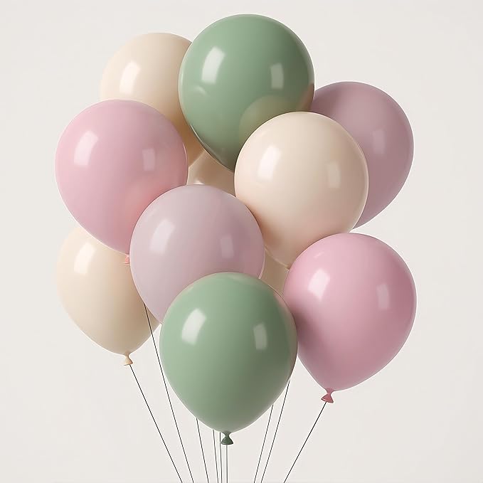 Retro Pink and Sage Green Balloons, Olive Green Pale Pastel Pink Cream White Clear Transparent Balloon for Fairy Tea Party, Floral Balloons as Baby Shower Wedding Nutcracker Birthday Party Decoration