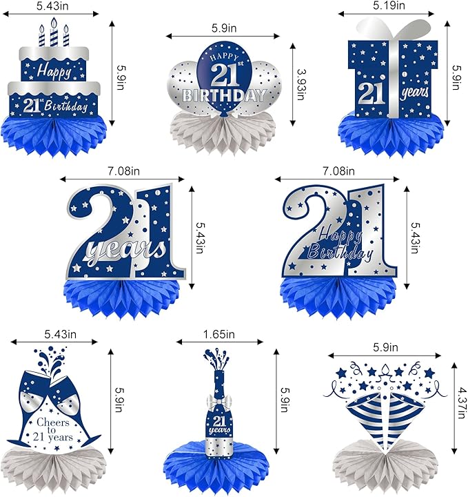 8Pcs 21st birthday Honeycomb Centerpieces Decorations for Boys， Blue Silver Happy 21 Birthday Table Centerpiece Party Supplies, Birthday,Twenty First Year Old Table Topper Decor