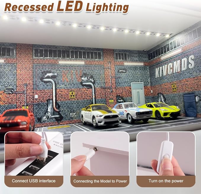 1/64 Model Car Display Case Diecast Diorama Garage，Simulated Parking Lot Model Miniature Scene Parking Lot PVC Assembly with Light Parking Space Model Display Frame Toy Display Box (Grey)