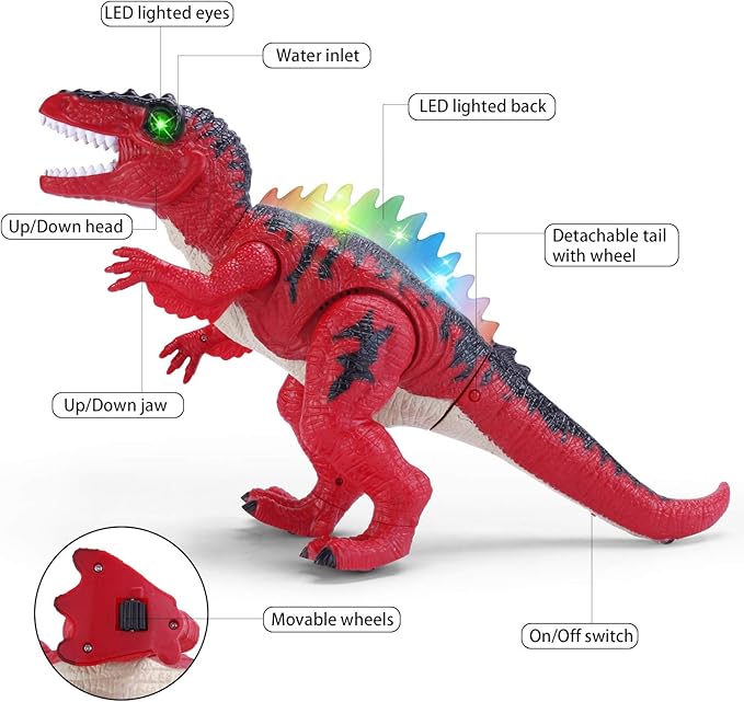 Remote Control Walking Dinosaur T-Rex with Water Mist Spray, LED Light Up Eyes & Back, Roaring Sound, Realistic Tyrannosaurus, Toy for Boys Kids Girls Ages 3 4 5 6 7 Year Old - Red