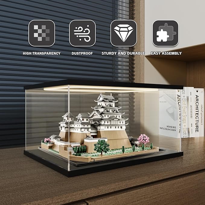 Nynelly Acrylic Display Case for Collectibles, Lighted Clear Lego Display Box for Star Wars 75402 75301 75292, Lego 21327 21319, Assemble Dustproof Countertop Showcase for Figurine, 15.7x11.8x7.9 in