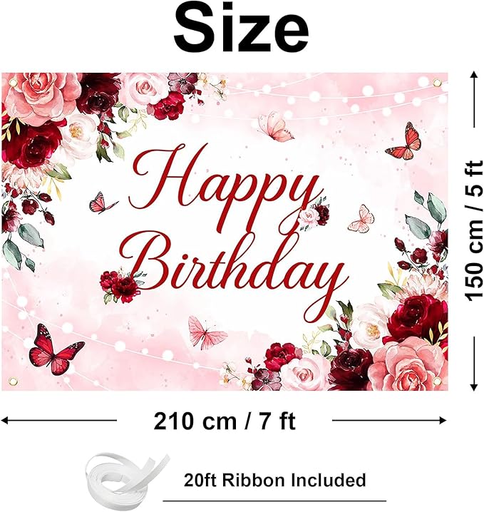 Avezano Floral Happy Birthday Banner for Women Girls Rose Gold Red Floral Birthday Party Decorations for Women Burgundy Flower B-day Party Supplies Banner (7x5ft)