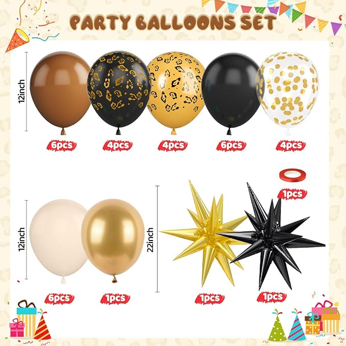 Cheetah Print Balloon, 12 Inch Black Brown Gold Balloons with Leopard Print Balloons Star Foil Balloons Leopard Jungle Animal Decorations for Cheetah Theme Birthday Cherry Vintage Party Supplies