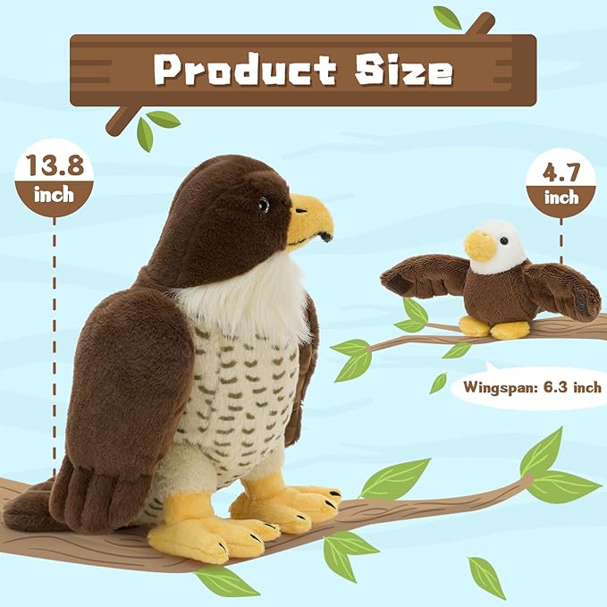 4 Pcs Peregrine Falcon Stuffed Animals Family Set - Big Parent Falcon Plush 14" - Included 3 Detachable Baby Birds with Magic-Tab Wings