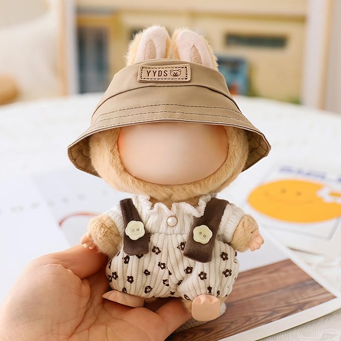Clothes for Lu bubu 17cm Dolls Accessories(No Doll), Cute Outfit Set 3 Pieces Bib Pants Suitable for 17cm Doll Suit, Stylish Dress Up Overalls Doll Clothing Set Replacement with Hat Clothes Beige