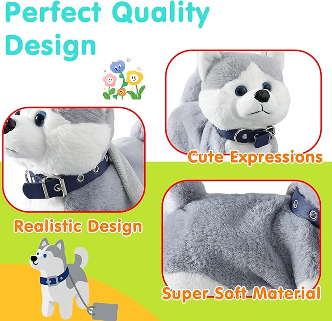 Husky Walking Dog Barking Toy, Musical Singing Dancing Volume Control Interactive Puppy Walk Along with Leash, Wagging Tail Shaking Head, Robot Plush Stuffed Animal Puppy for Kid