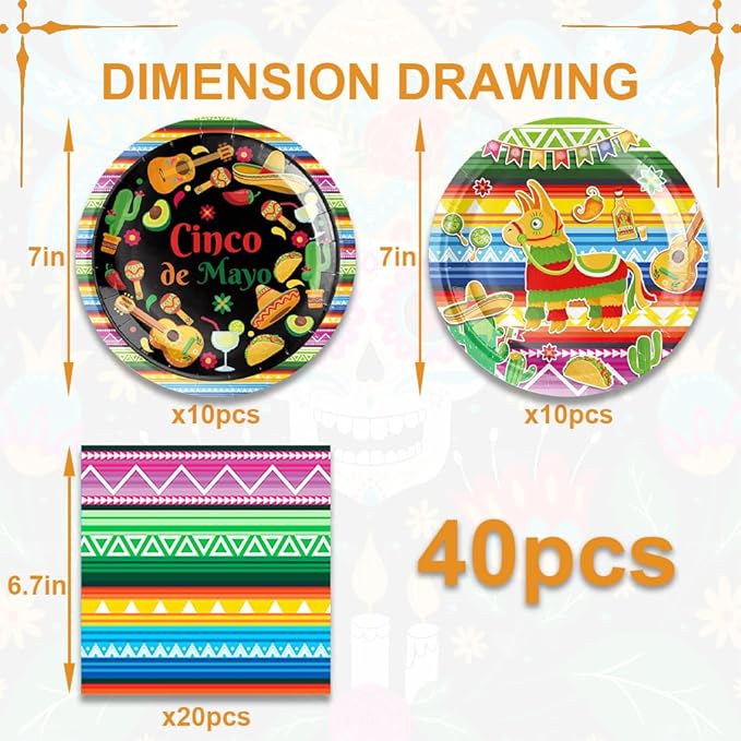 40Pcs Fiesta Party Supplies - 20 Plates + 20 Napkins, Mexican Fiesta Birthday Party Decorations