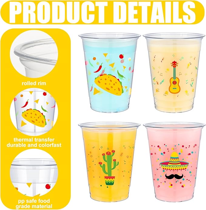 meekoo 100 Pcs 12 oz Fiesta Cup Plastic Mexican Cup Clear Disposable Margarita Glasses Cinco De Mayo Party Decorations for Tequila Birthday Party Drinkware Taco Supplies, 4 Style