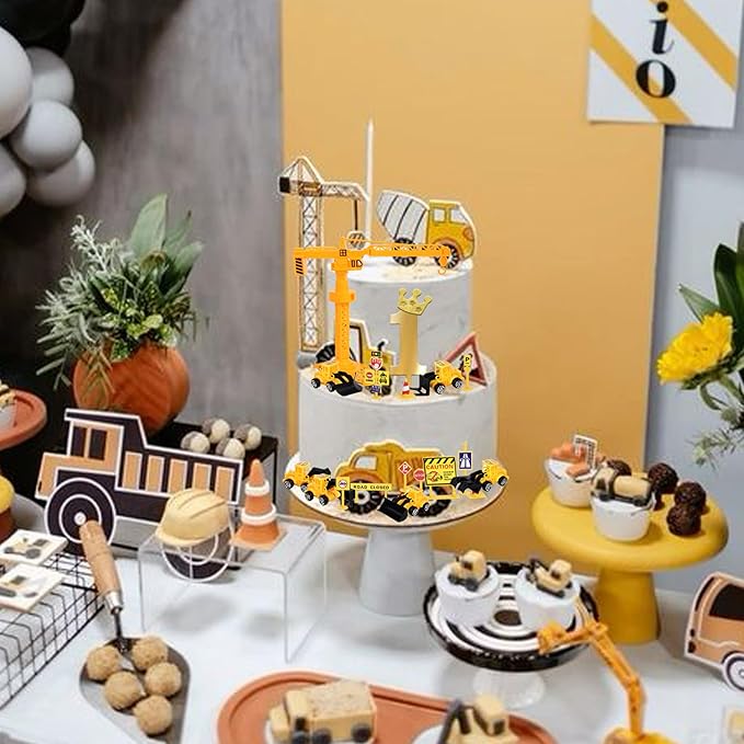 17 Pack Construction Vehicles Cake Toppers Set Acrylic Number 1 Cake Picks Road Sign Tower Digger Cupcake Toppers for Construction Theme Baby Shower Kids 1st Birthday Party Cake Decorations Supplies