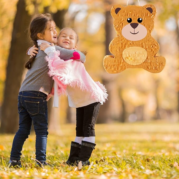 Lewtemi 14.5 Inch Bear Piñata Bear Themed Birthday Party Supplies Animal Piñata with Wood Bat Stick, Paper Blindfold and Confetti for Valentine Baby Shower Party Decor Kid Adult Boy Girl