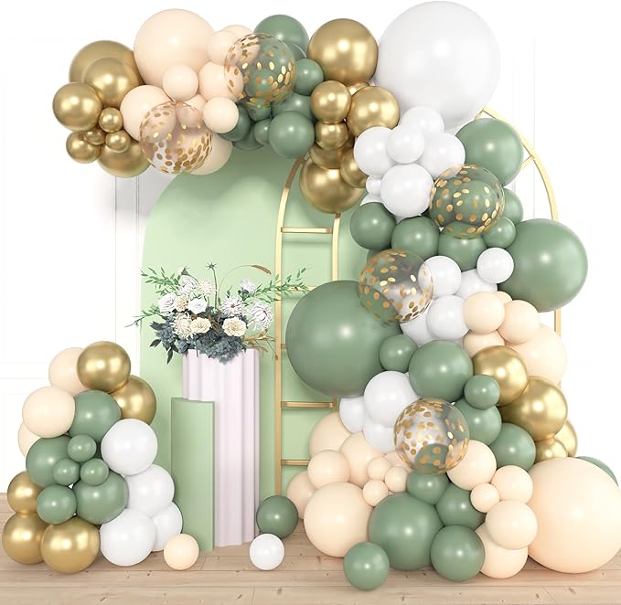 Amandir 153pcs Sage Green Balloon Garland Arch Kit, Different Sizes 18 12 10 5 inch Green Blush Gold Latex Metallic Confetti Gold Balloons for Birthday Baby Shower Wedding Safari Forest Decorations
