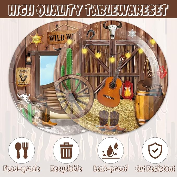 40Pcs Western Birthday Party Decorations Disposable Paper Plates and Napkin for Birthday Decor Western Farmhouse Baby Shower Tableware Set Supplies Cowboy Birthday Party Decorations