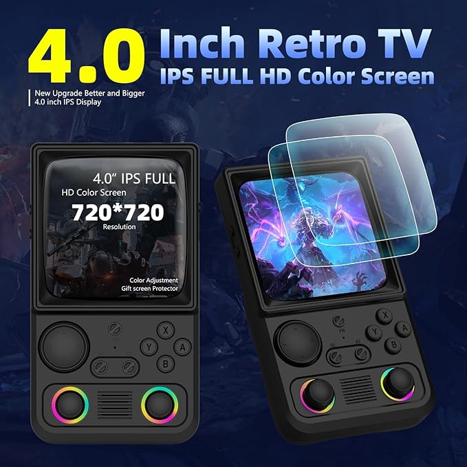 R36TMAX Retro Handheld Game Console, 4.0'' 720x720 IPS Screen, 64GB Supports 18000+ Classic Games, EmuELEC System Supports WiFi Networked Fighting and OTG, 4000mAh, with Portable Case(Gray 64GB)