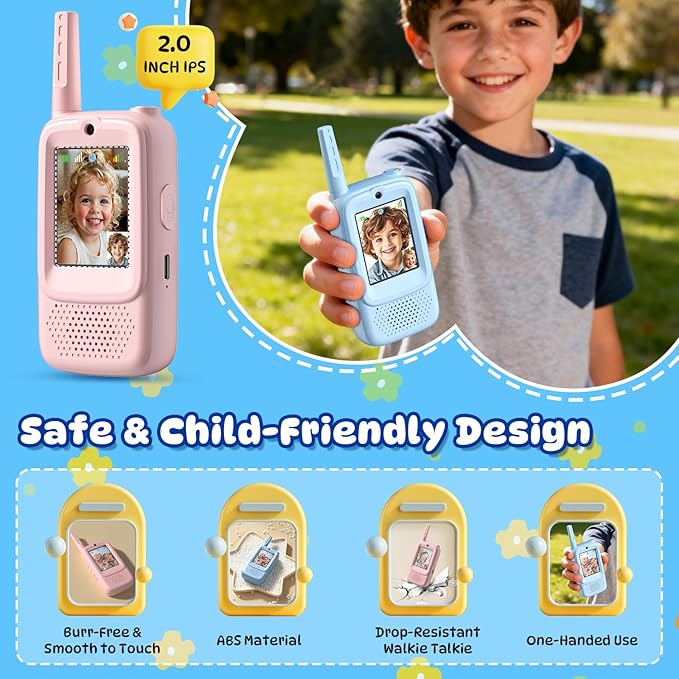 Video Walkie Talkies for Kids, 2 Pack Rechargeable Handheld Intercom Toddler Toys with Voice Changer, Fun Xmas/Birthday Gifts for in/Outdoor Family Play Camping Hiking Games for Boys Girls Ages 3-12