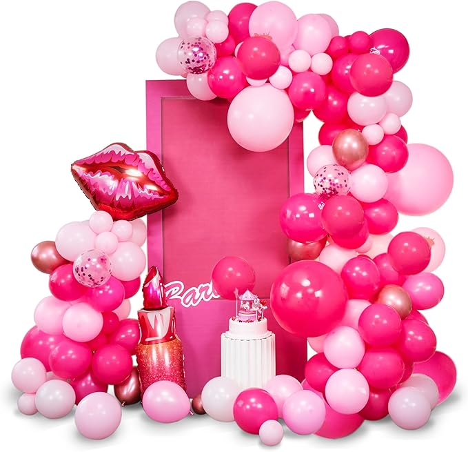 147pcs Pink Balloon Garland Arch Kit for Girls Birthday Party Supplies Set Red Lips and Lipstick Foil Mylar Kiss Balloons for Makeup Valentines Wedding Backdrop Decor