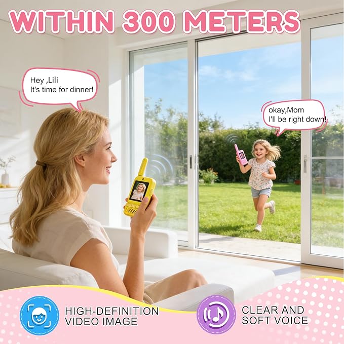 Kids Video Walkie Talkies 2 Pack, Rechargeable Long Range Two-Way Radios with Camera for Boys & Girls Age 3-12 (Yellow/Pink)
