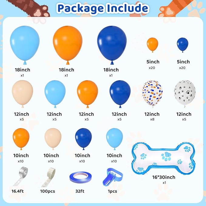 121Pcs Blue Birthday Party Supplies Balloons Garland Kit, Blush Nude Blue Orange Dog Paw Balloons Arch Bone Balloon for Boys Girls Baby Blue Shower Graduation Birthday Party Decorations